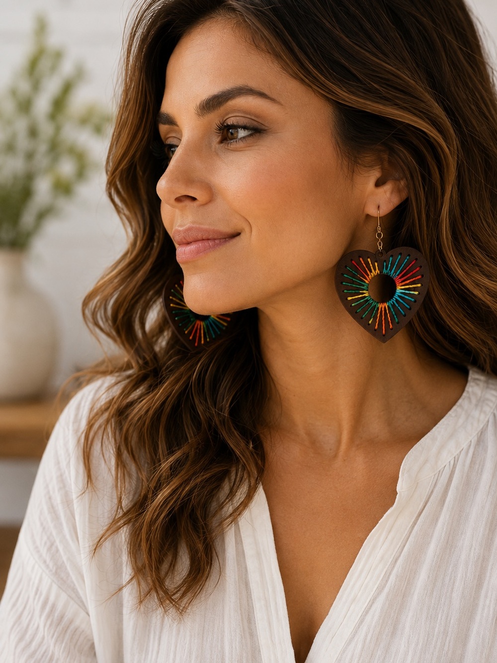 Handcrafted Heart Earrings with Rainbow Thread
